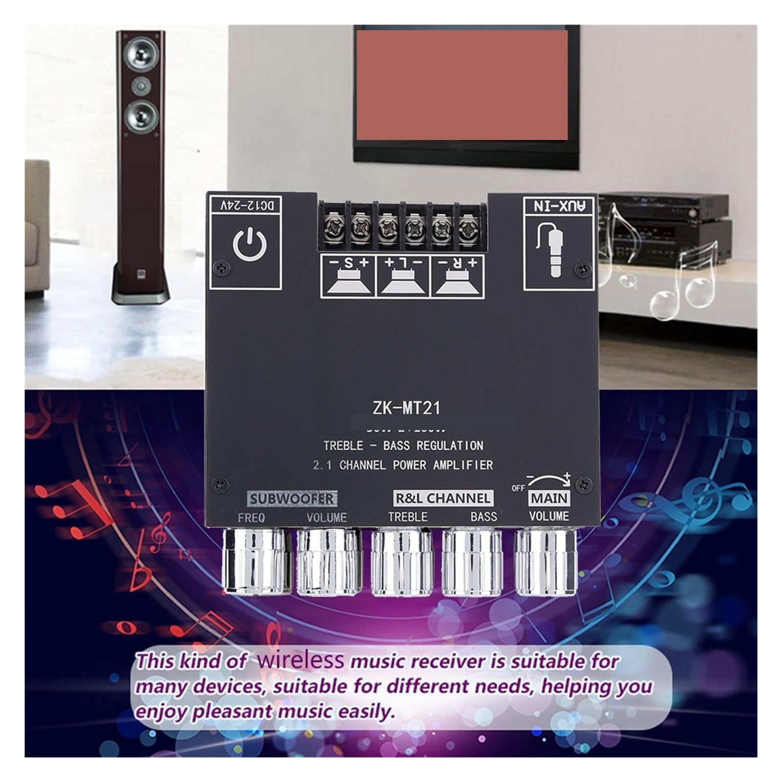 Digital Power Amplifier Board 2.1 Channel Subwoofer AUX Stereo BT 5.0 Bass Amp for Home ,Multi Modes