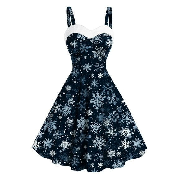 Christmas Swing Dresses for Women Vintage Retro 1950s Xmas Snowflake Print Midi Dress Sleeveless Spaghetti Strap A-Line Party Dresses
