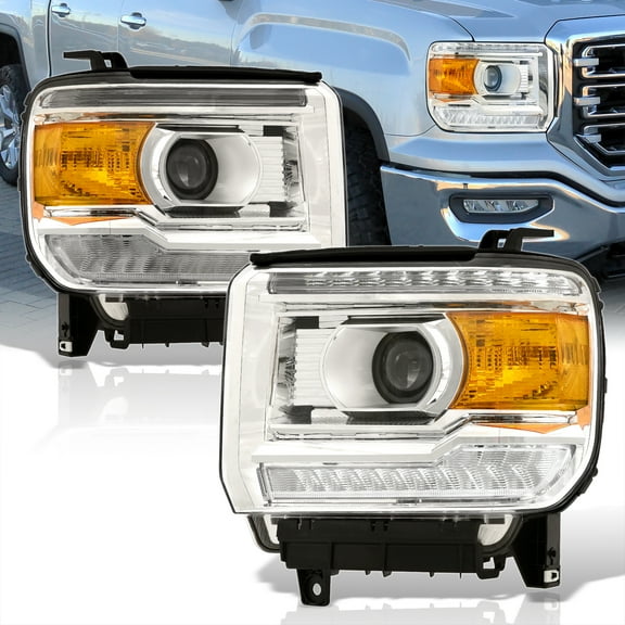 AJP Distributors Chrome Housing Clear Lens Amber Corner LED DRL Projector Headlights Turn Signal Lamps Assembly Compatible/Replacement For GMC Sierra 1500 2500HD 3500HD 2014 2015 2016 2017 2018 2019