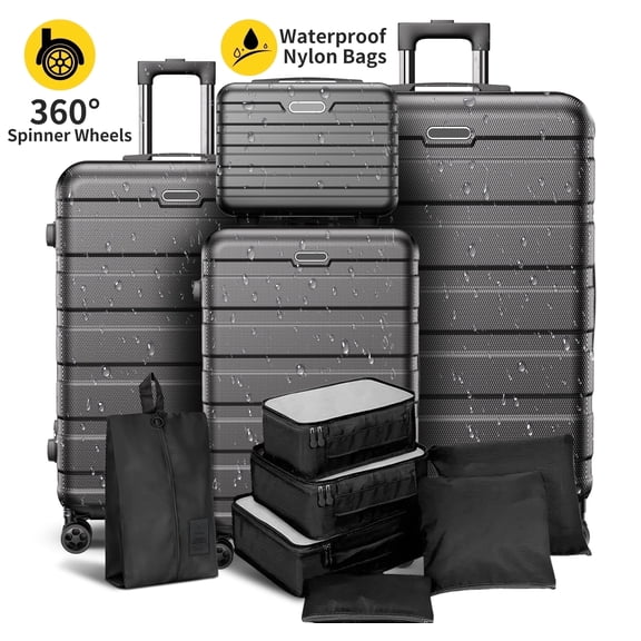 11 Piece Hardside Luggage Set, Lightweight Suitcase Set with Spinner Wheels and Lock, Carry on Luggage Set, 14in/20in/24in/28in, Black