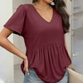 thumbnail image 4 of TQWQT Tunic Tops Babydoll Tops for Women Plus Size V-Neck Peplum Short Sleeve Summer Tops Dressy Puff Sleeve Solid Color Blouses Beach Vacation Clothes Wine 2XL, 4 of 5