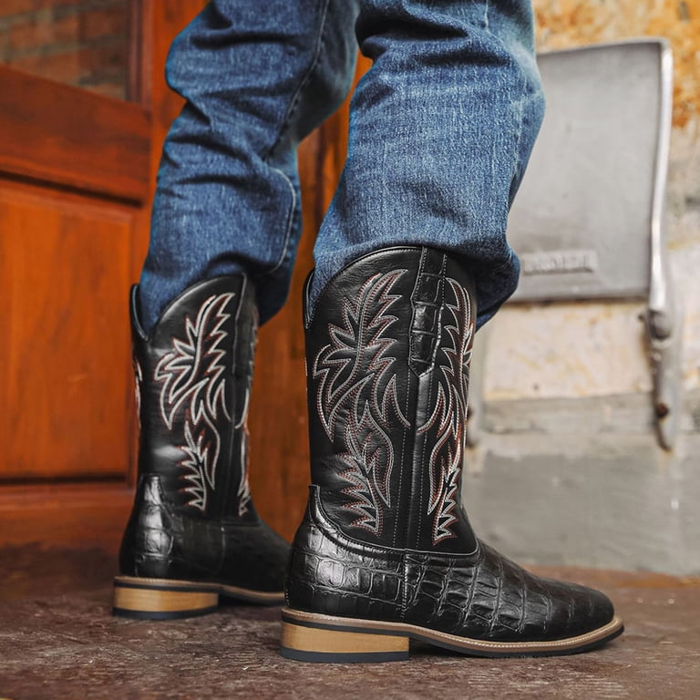 Chenyee Cowboy Boots for Men Classic Embroidered Wood Grain  display picture 1