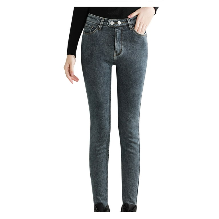 Labakihah High Waisted Jeans For Women Women'S Imitation Denim High Waist  Loose Thickened Warm Plush Straight Long Pants Stretch Pants Grey 