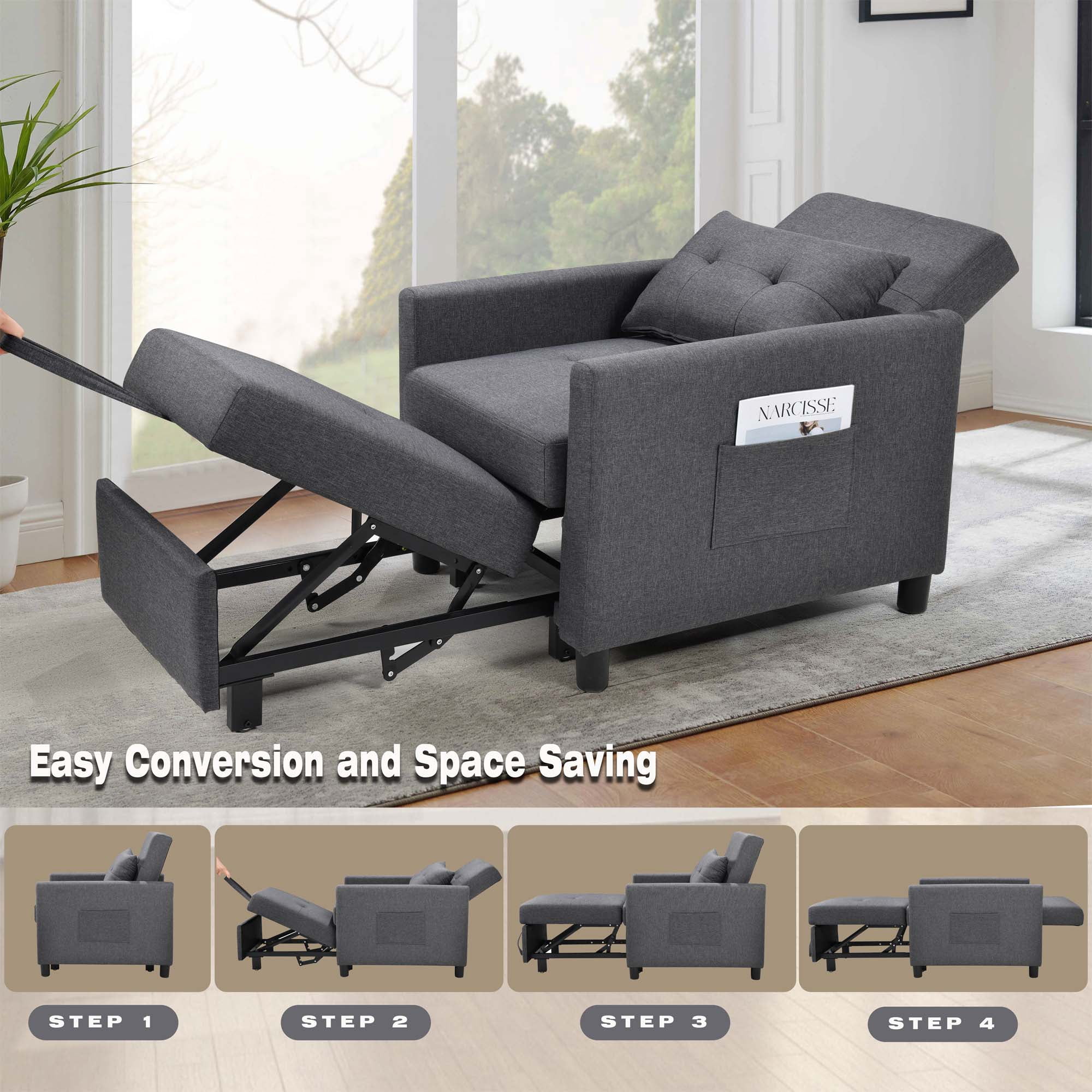 Aukfa Single Sofa Bed with Pull Out Sleeper, Convertible Futon Chair with Pocket for Living Room/Small Space - Dark Gray