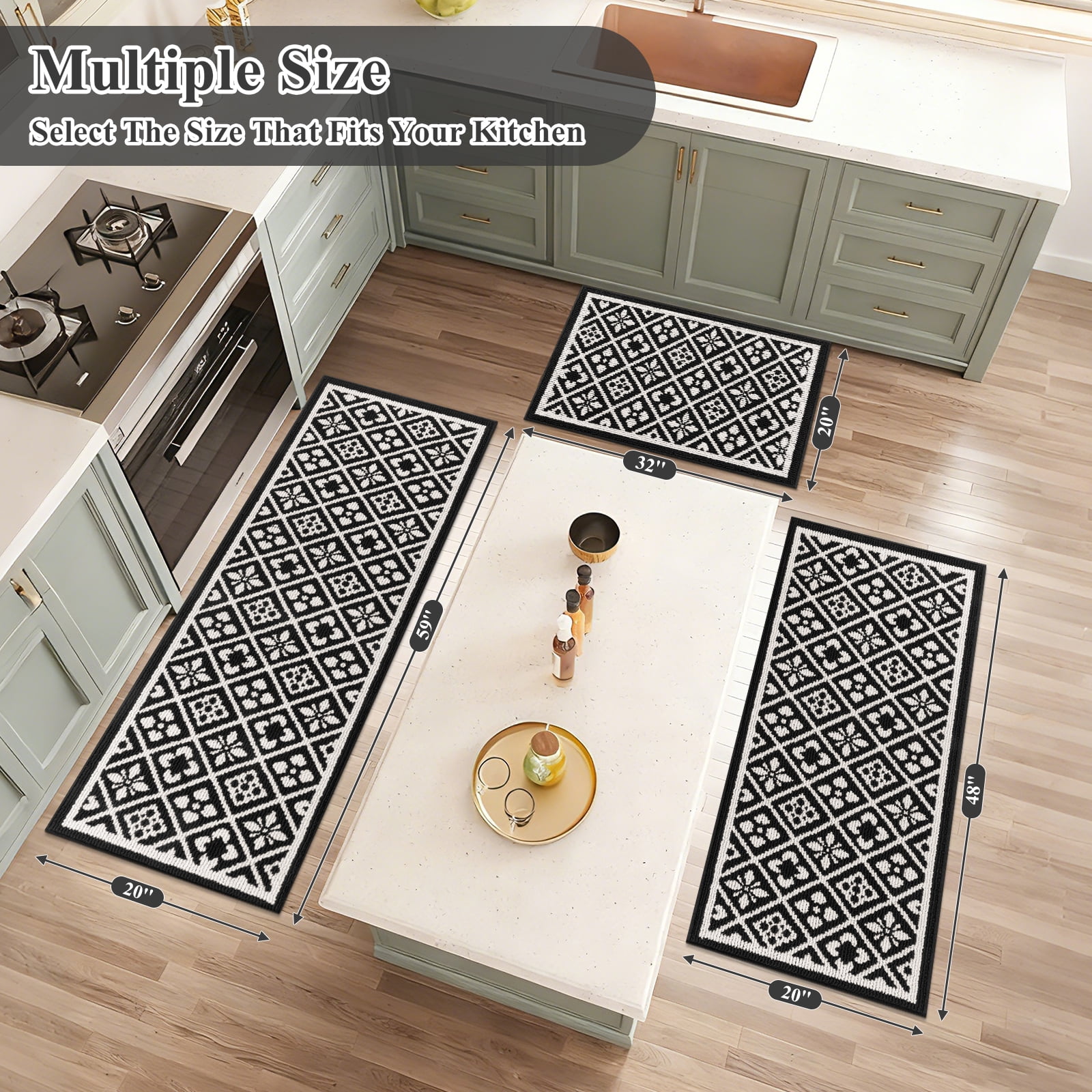 Vaukki Farmhouse Kitchen Rugs Sets of 3, Non Slip Kitchen Floor Mats Washable Kitchen Runner Rug, Black
