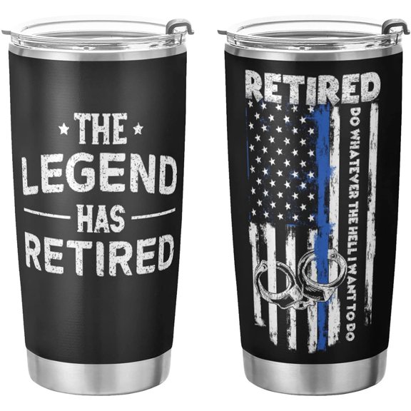 Retired Police Officer Tumbler Retirement Gifts for Police Officers The Legend Has Retired American Flag Blue Line Retirement Gifts For Men Dad Stainless Steel Travel Mug -20oz (Gifts for Retirees)