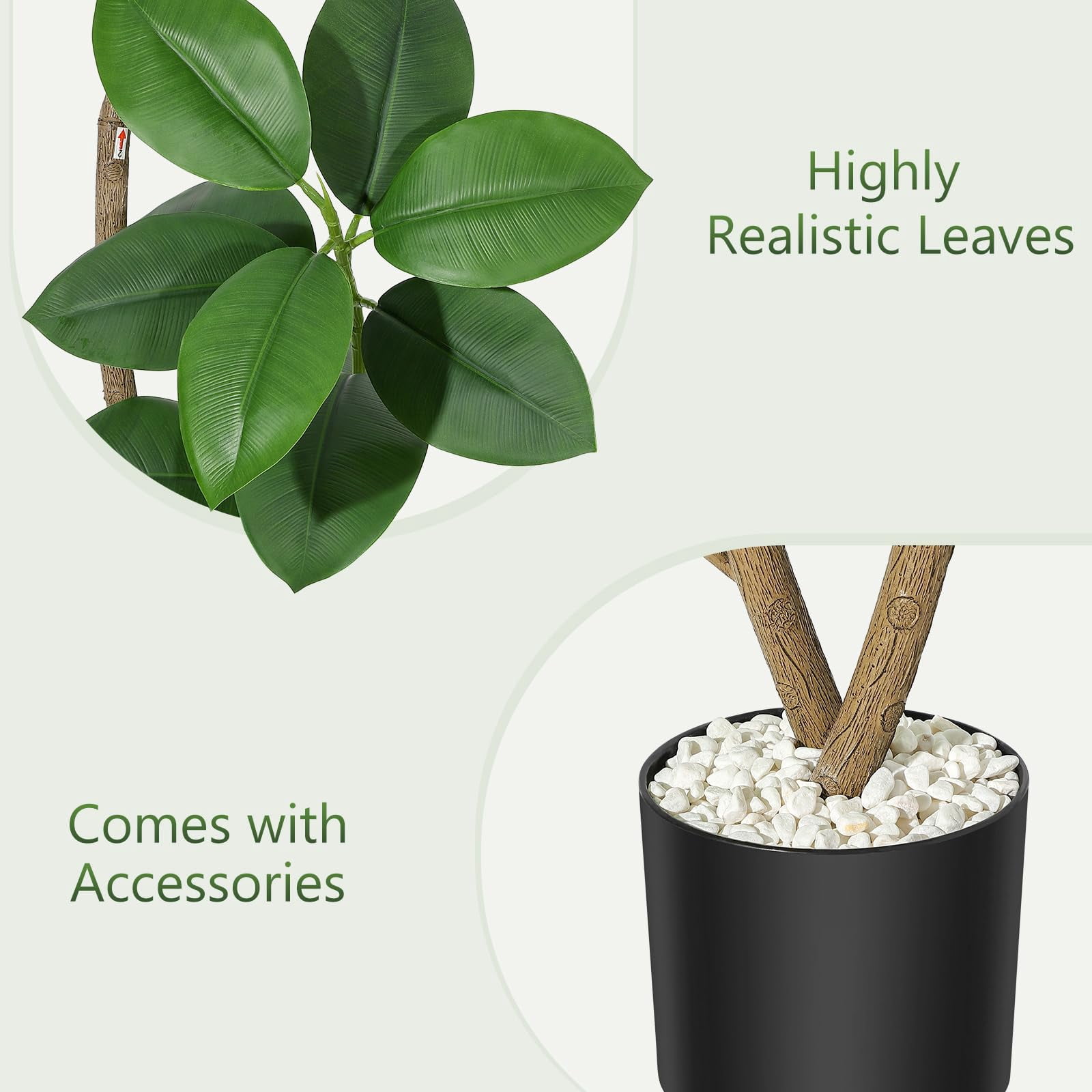 BouPower 5FT/6FT/7FT Artificial Plants Rubber Tree with Black Resin Pot& White Stone Faux Fiddle Leaf Fig Tree Indoor Artificial Trees Tall Plant Fake Tree Tropical Large Floor Tree Real Touch