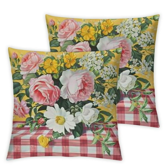 nygtbtfer  Floral Pioneer Country Farm White Yellow Peony Flower Red Gingham Throw Pillow,  Multicolor White