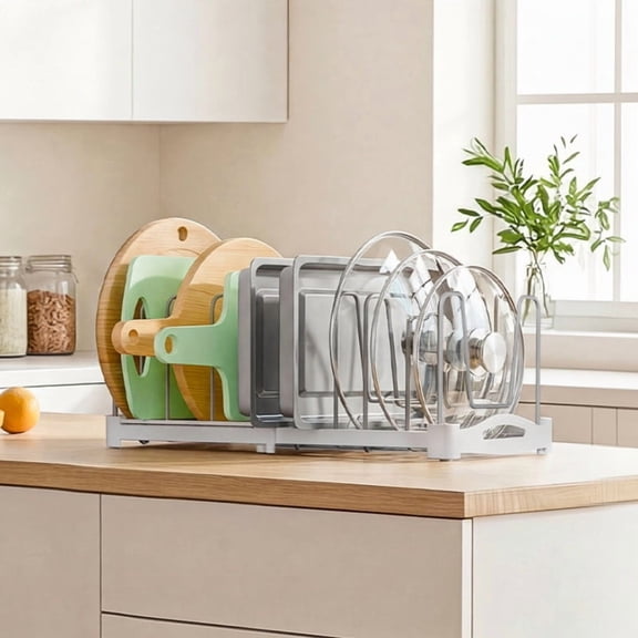 EVERIE Adjustable Bakeware Organizer Pot Lid Holder Rack for Pots, Cake Molds, Cutting Boards