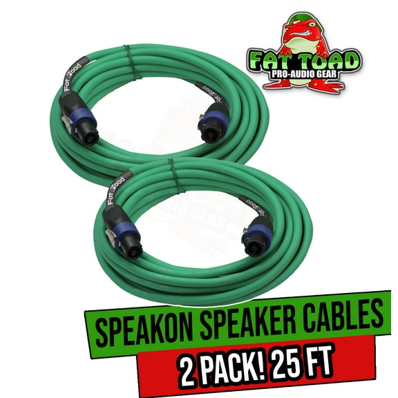 Fat Toad Speakon Cables (2 Pack) - 25 ft Professional Pro Audio Green Speaker PA Cord with Twist Lock Connector - 12 AWG Wire for Impeccable Studio Recording & Stage Performance Gear