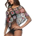 thumbnail image 4 of HLSOHJP Women's Embroidery Print Hollow Out Bikini Blouse Cloak Poncho Cape Fringe Hem Crochet Floral Beach Cover Ups Tops, 4 of 6