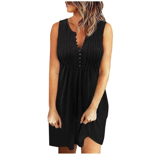Moda mujer verano casual cuello pico botón sólido sin mangas mini vestido Fridja hj4301