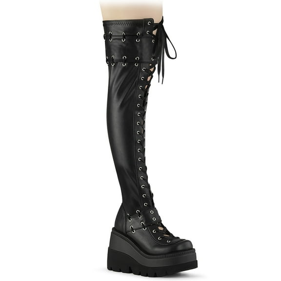 Demonia SHAKER-325 4 1/2" Women's Wedge Platform Front Open Lace-Up Stretch Thigh High Boots