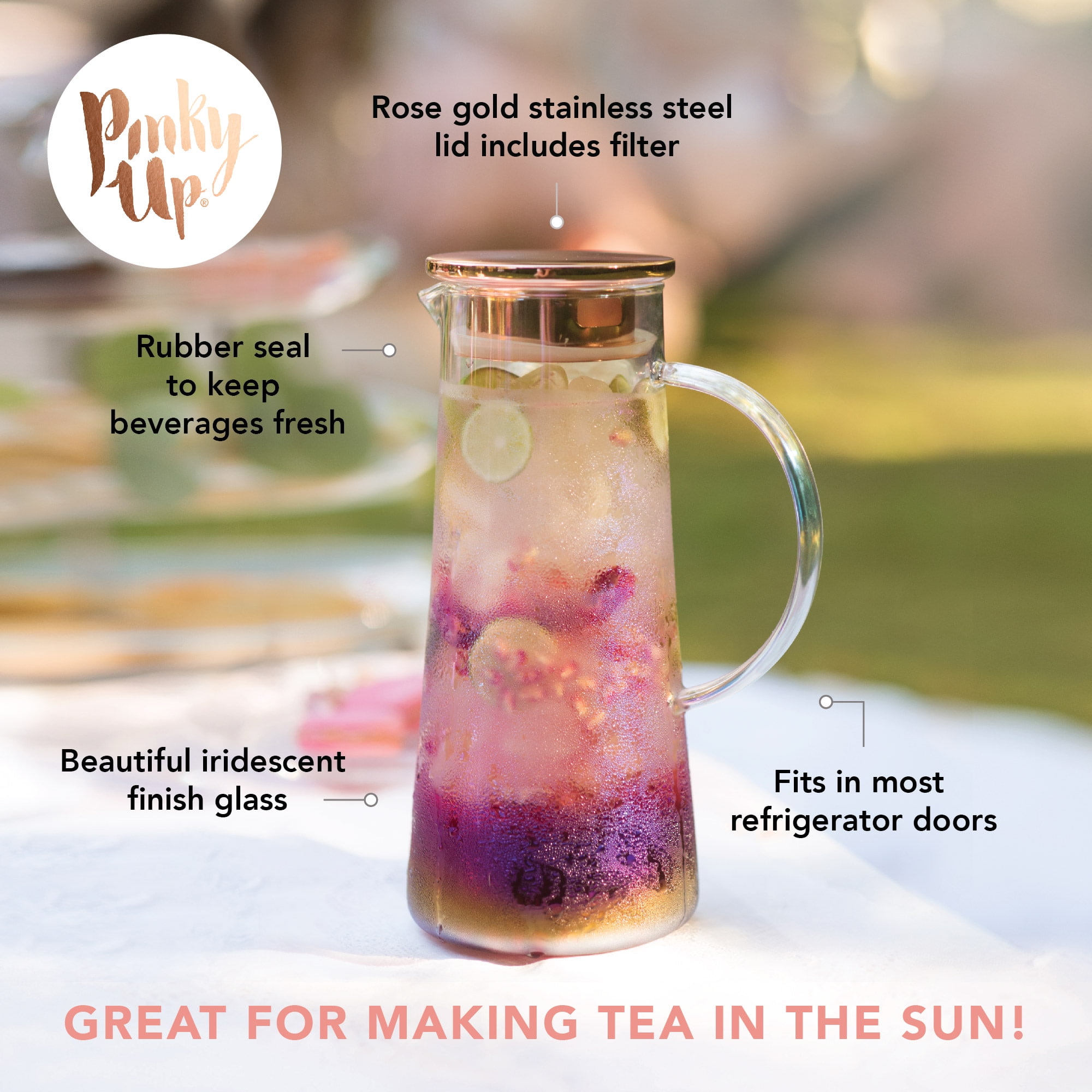 Pinky Up Charlie Glass Iced Tea Pitcher with Lid and Strainer, 48oz