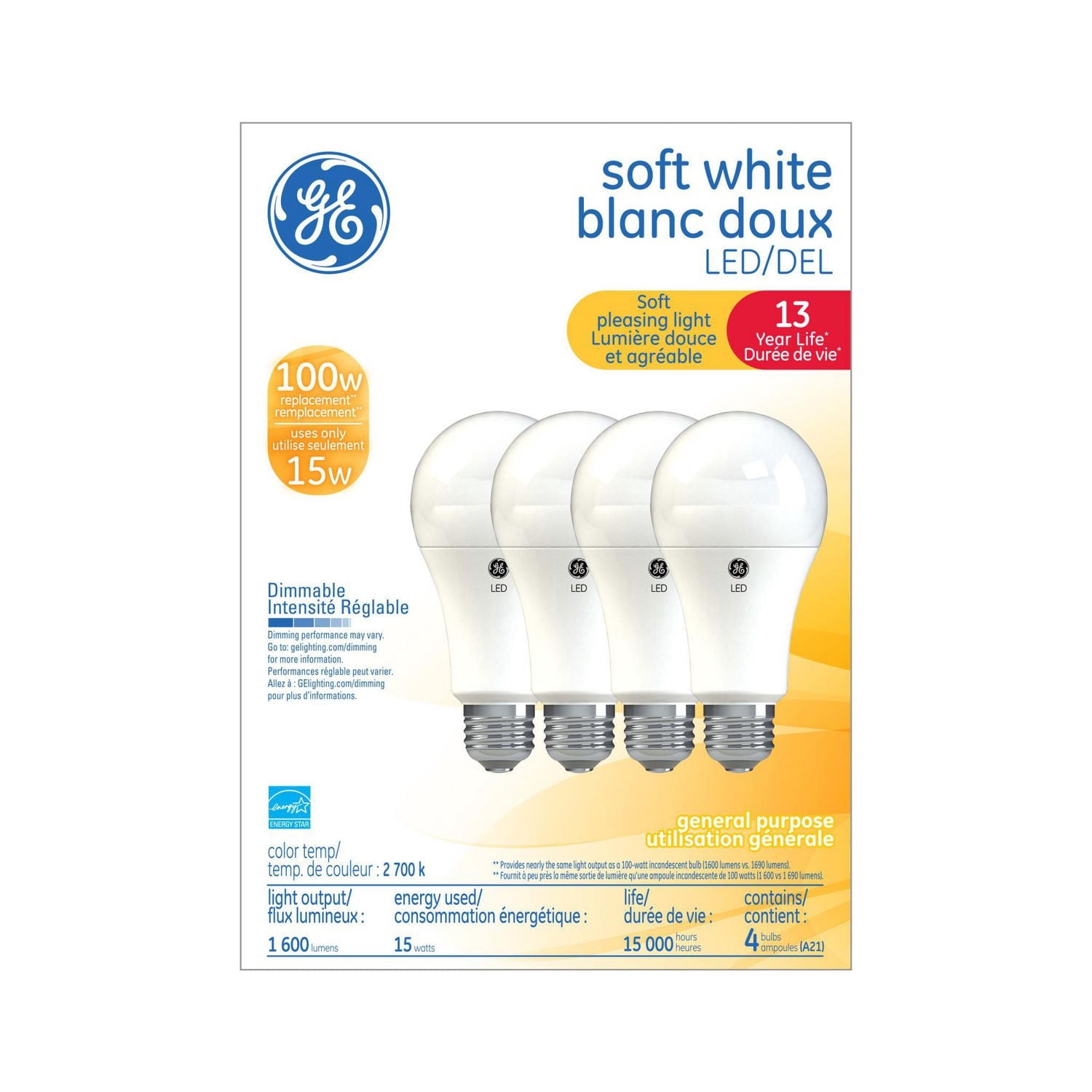GE 15W DEL A21 ESTAR BLANC DOUX 4P
