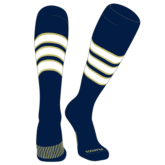 PEAR SOX Striped OTC Baseball, Softball, Football Socks (C) Navy, Vegas Gold, White (XS)