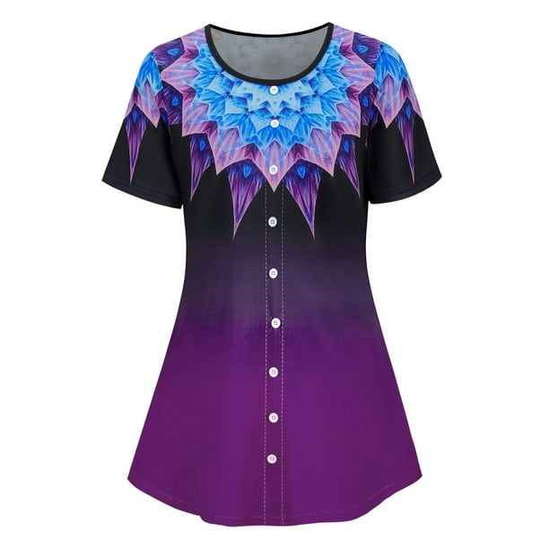 Botón simulado de talla grande OMBRE FLOR FLOWS MANERA CORTA TEE Rosegal Camisetas tallas grandes