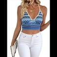 thumbnail image 2 of Camisolas de Punto para Mujer, de Verano, con Cuello Halter en V, A Rayas, Informales, Sin Mangas, para Playa, Vacaciones, Top Corto. Azul M, 2 of 7