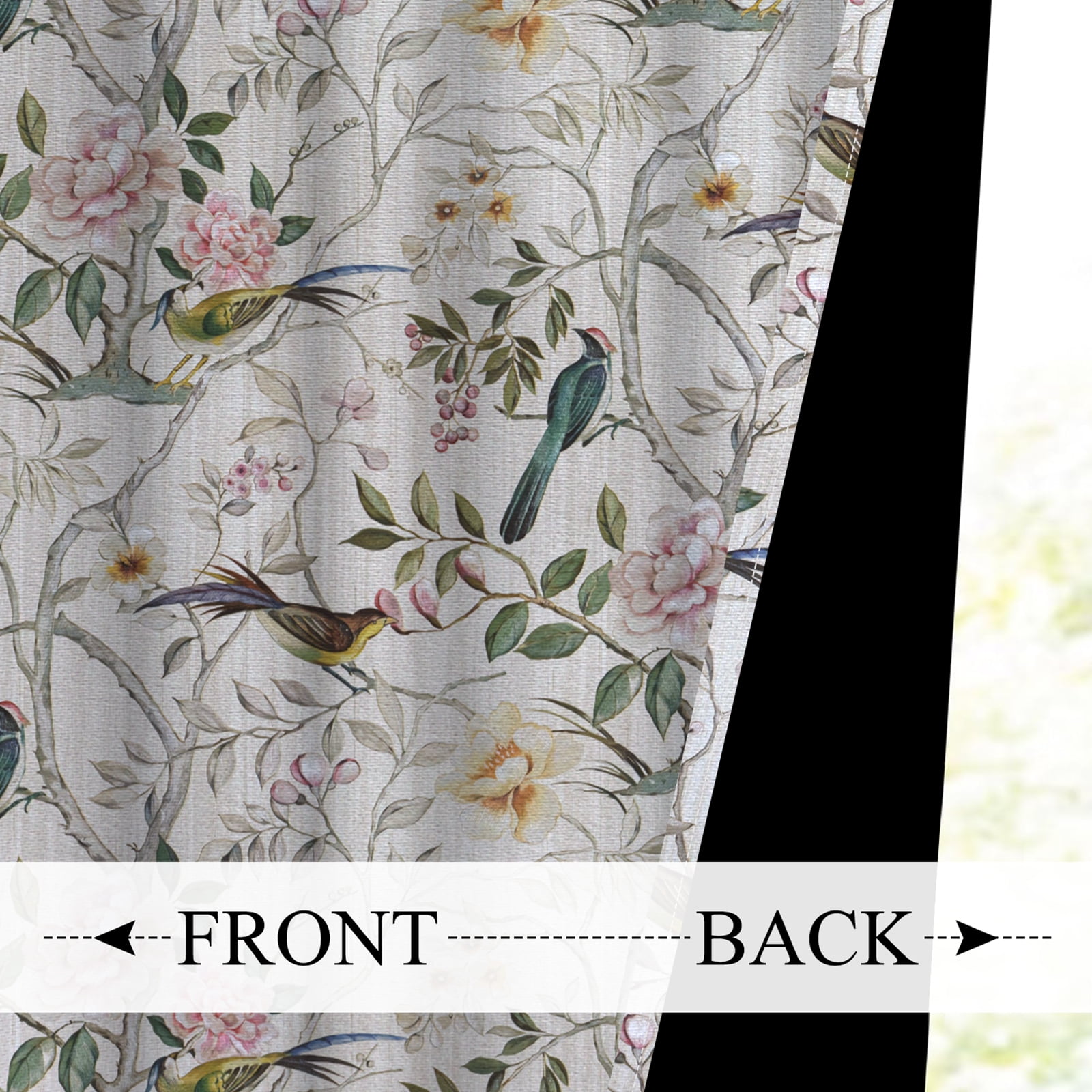 Mizhona Beige Blackout Curtains for Bedroom,Chinese Theme Birds Printed Room Darkening Curtains Set of 2,42"x63"