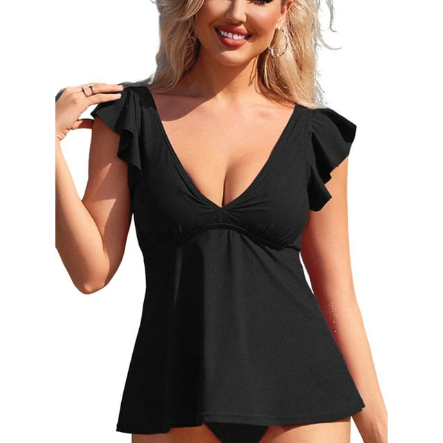 Charmo Ruffled V Neck Swim Tops for Womens Flowy Tankini Tops Padded Bathing Suit Tops(No Bottoms)
