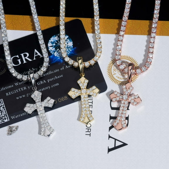 Cross Pendant in S925 Sterling Silver with VVS Moissanite. 8mm tennis chain. Quickly replaces diamond pen.