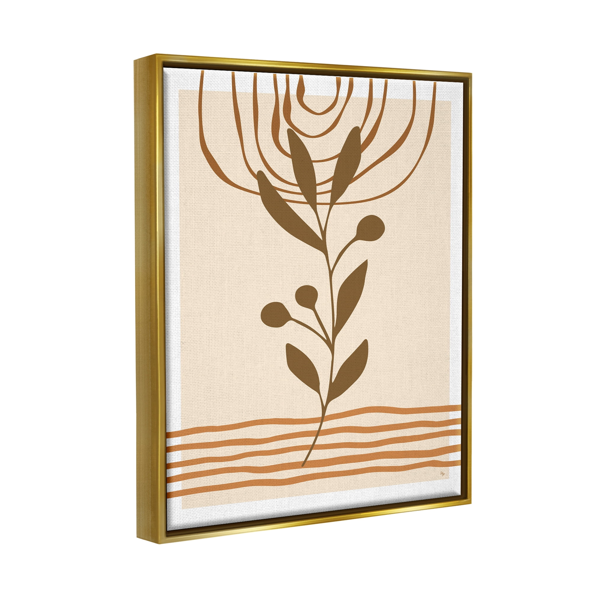 Stupell Industries Boho Leaf Sprig Botanical & Floral Painting Gold Floater Framed Canvas Art Print Wall Art, 25 x 31