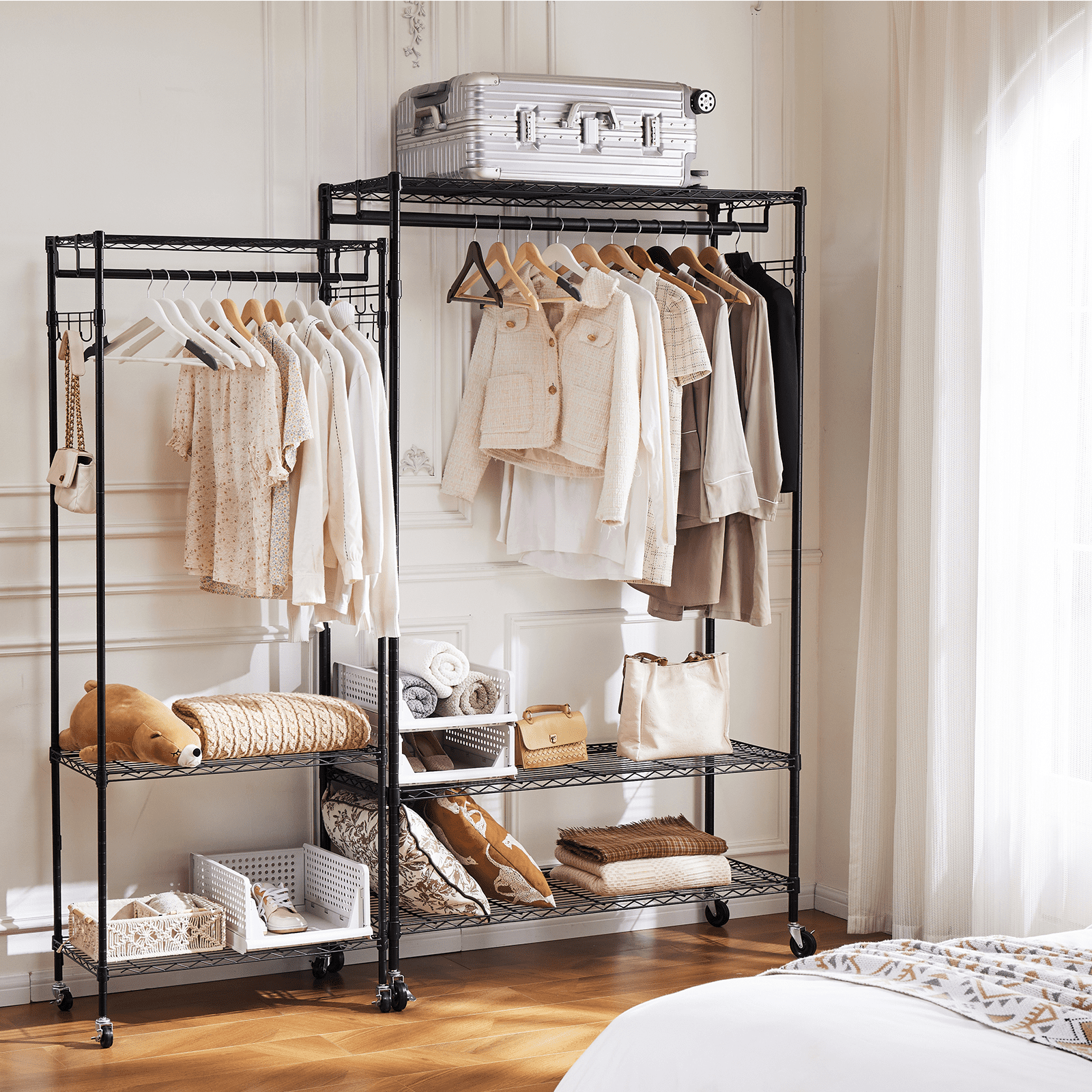 Aukfa Adjustable Rolling Clothes Rack with Bar & Shelves for Hanging Clothes,Black