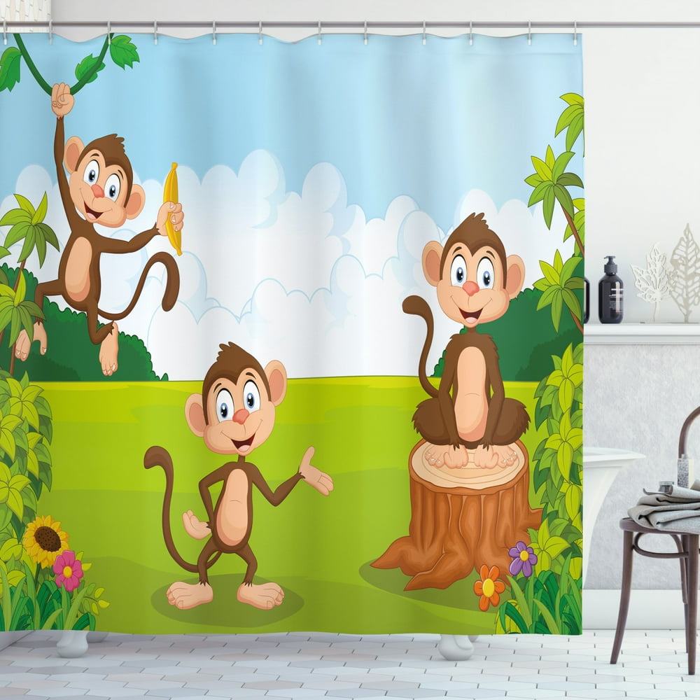 Nursery Shower Curtain, Three Monkeys Playing in a Tropical Forest Banana Africa Safari Nature