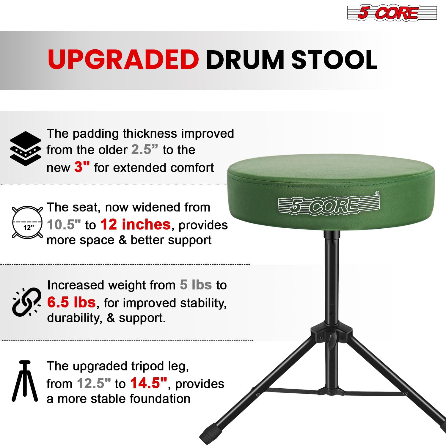 Adjustable Drum Throne Stool with 3" Thick Padding – Heavy-Duty 330 lb Capacity Guitar Seat for Adults & Kids, Anti-Slip Tripod Base