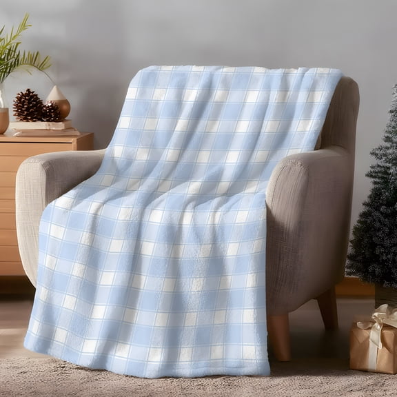 Throw Blanket Fleece Throw Blanket 40x50in, Light Blue Checkered Pattern Soft Lightweight Bed Blankets Buffalo Plaid Fuzzy Couch Blankets for All Season