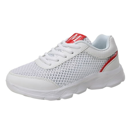 Womens Platform Sneakers Fashion Summer Women Sneakers Mesh Hollowed Breathable Comfortable Lightweight Lace Up Flat Bottom Female Womens Sneakers Shoes(White 7.5)