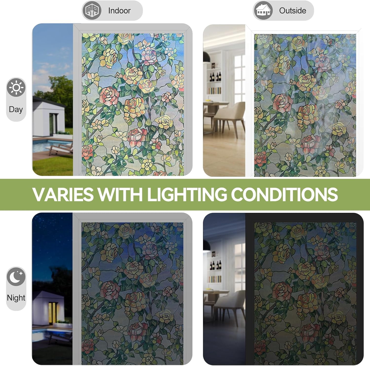 Stained Glass Window Film, Decorative Window Privacy Film for Bathroom,Front Door,Home, Sun Blocking Heat Control,Static Cling, The Beast's Rose, 23.6inch x 35.4inch