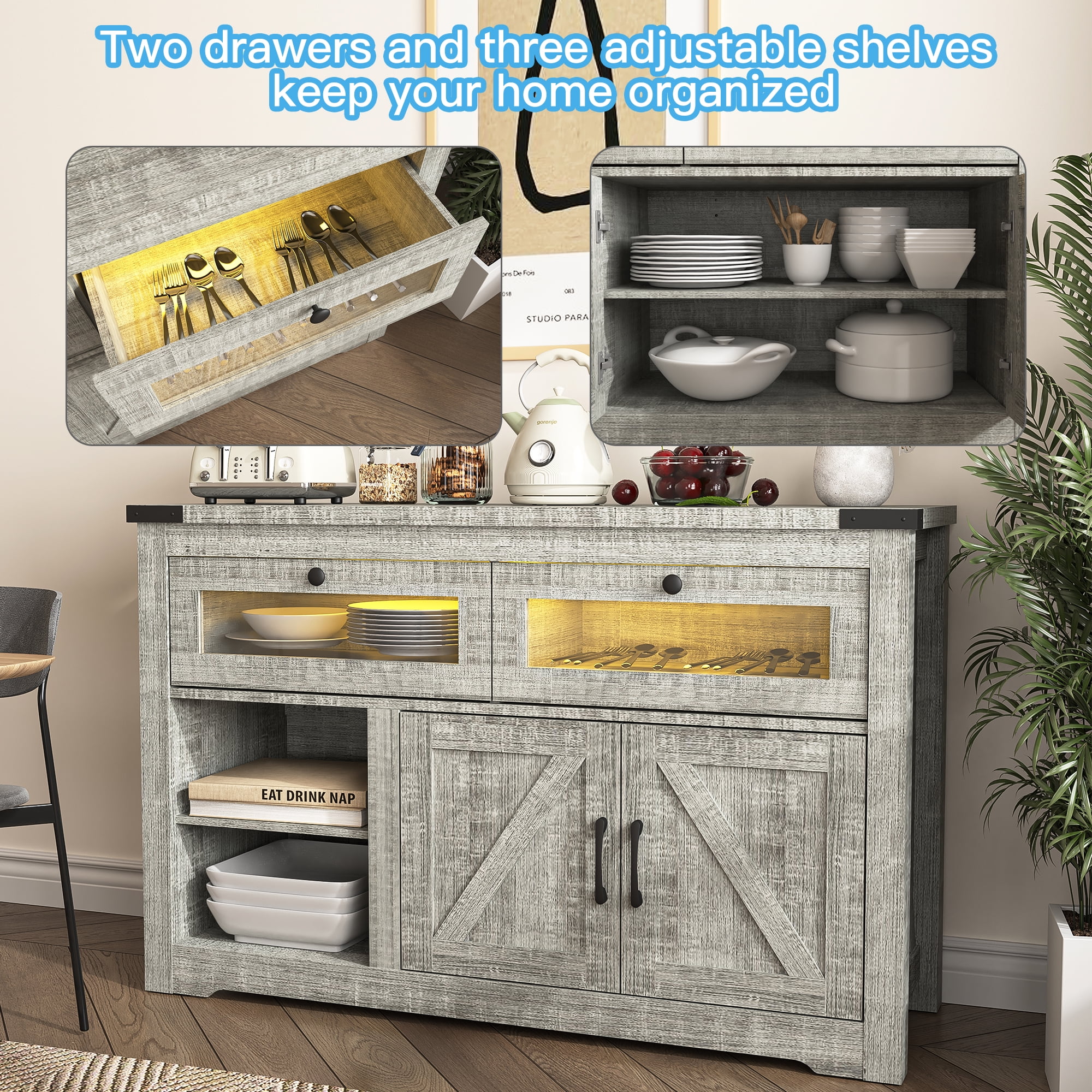 YYAo Rustic Wooden Chest of Drawers, 55" TV Stand Dresser with LED Light and USB Outlets, Organizer Storage Cabinet for Bedroom, Hallway, Entryway, Gray YYAo Rustic Wooden Chest of Drawers, 55" TV Stand Dresser with LED Light and USB Outlets, Organizer Storage Cabinet for Bedroom, Hallway, Entryway, Gray