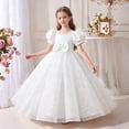 thumbnail image 4 of LEKWK Girls Bow Princess Dress Sequin Puff Short Sleeve Tulle Tiered Pageant Gown Ruffle Cute Dress for Flower Girl Wedding Birthday Party 3-14Y, 4 of 8