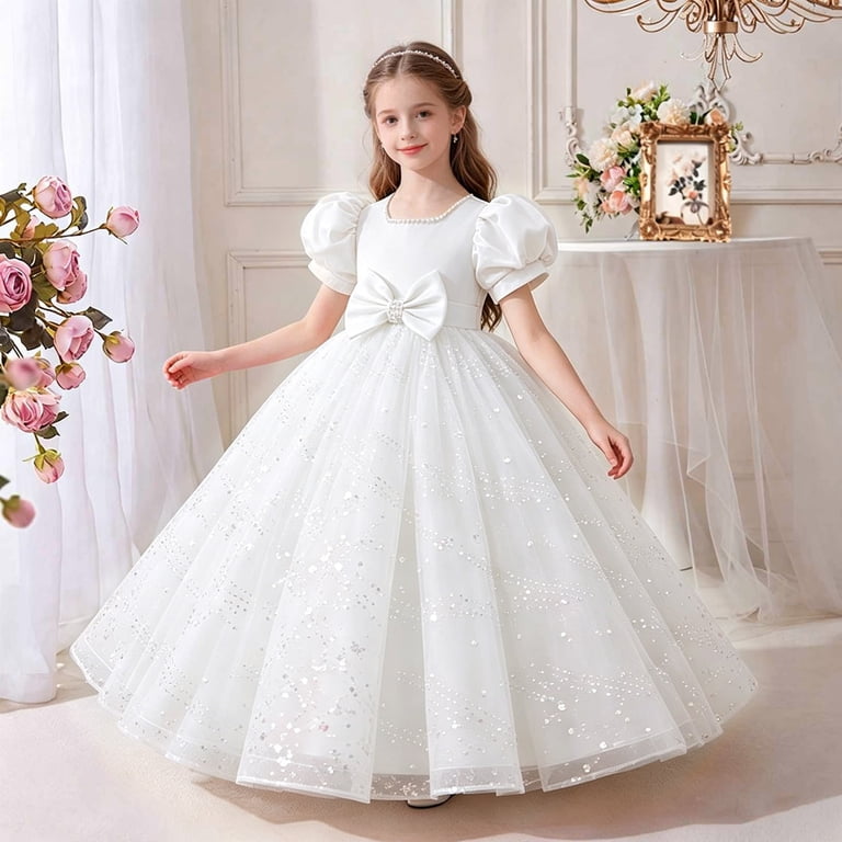 white glitter tulle dress Miluxas Kids Sparkle Princess Party Dress, Bubble Short Sleeve Bow Waist Elegant Maxi Gown, Flowy Full Skirt formal Outfit 11-12 MAXI