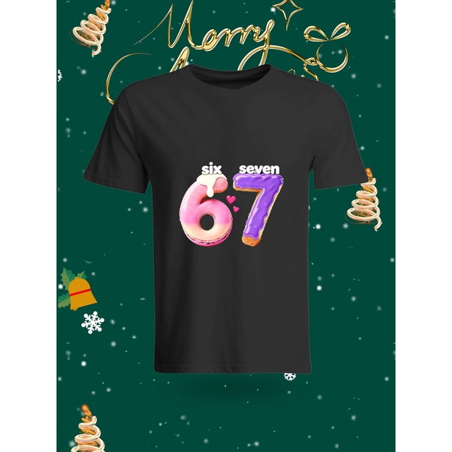 Fashion Personalized Number 67 Pattern Printed Short Sleeve T-Shirt Creative Dessert Style Number Design Unisex T-Shirt This T-shirt features a unique design with the numbers 6 and 7 styled like deli