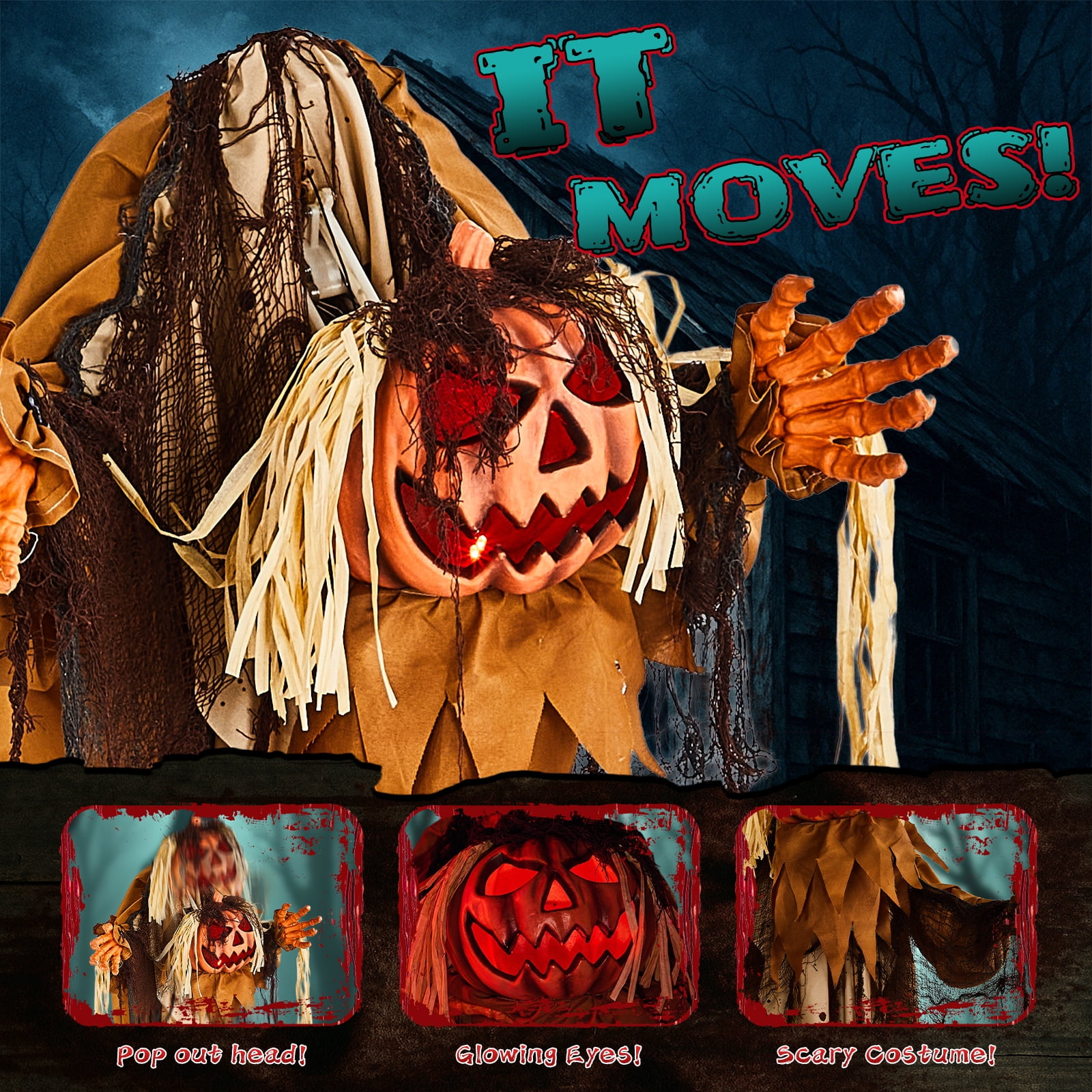 Astoutdoor 5.5 ft Halloween Pumpkin Man Animatronic Decoration with Red Glowing Head, Sound-Activated Head-Turning Motion and Male Voice, Battery Operated, Red