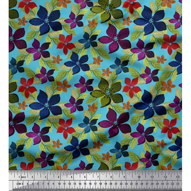 Soimoi Polyester Crepe Fabric Leaves & Floral Artistic Print Fabric by Yard 52 Inch Wide