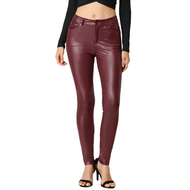Pantalón de piel sintética de PU de cintura alta y flaco para mujer borgoña S