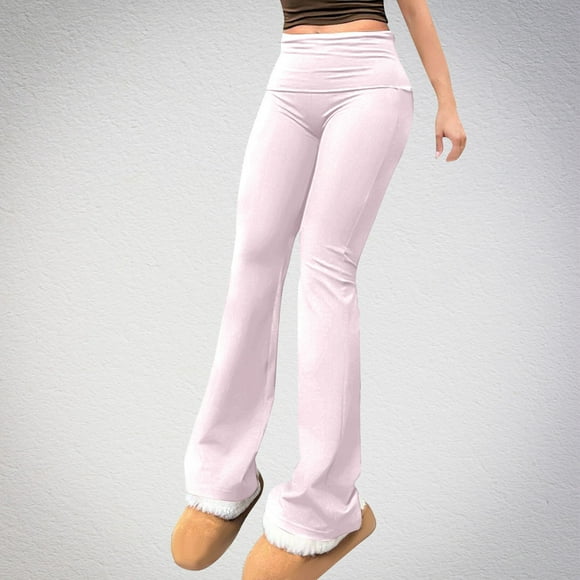 CFLVAEK Womens Fold Over Leggings Solid Color Flared Pants Comfy Low Waisted Sweatpants Y2k Wide Leg Pant Casual Fall Yoga Legging Pink M