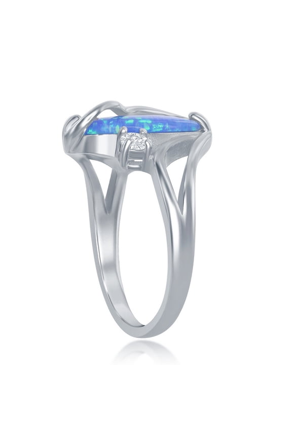 925 Sterling Silver Rhodium Plated White/Blue Created Opal Oval Twist with Cubic Zirconia Ring Including 6mm Round Created Blue Opal Stud Earrings Jewelry Set