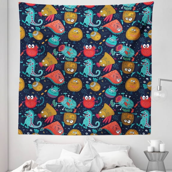 Dinosaur Funny Tapestry, Humorous Monsters Playful Creature Cheerful Smoothly Continuous Pattern, Fabric Wall Hanging Decor for Bedroom Living Room Dorm, 5 Sizes, Multicolor, by Ambesonne