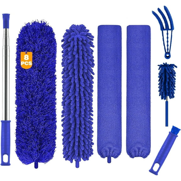 Microfiber Duster, 8PCS Extendable Stainless Steel Feather Duster , Reusable Bendable Washable Dusters for Cleaning Ceiling Fan, High Ceiling, Blinds, Furniture, Cars, Blue