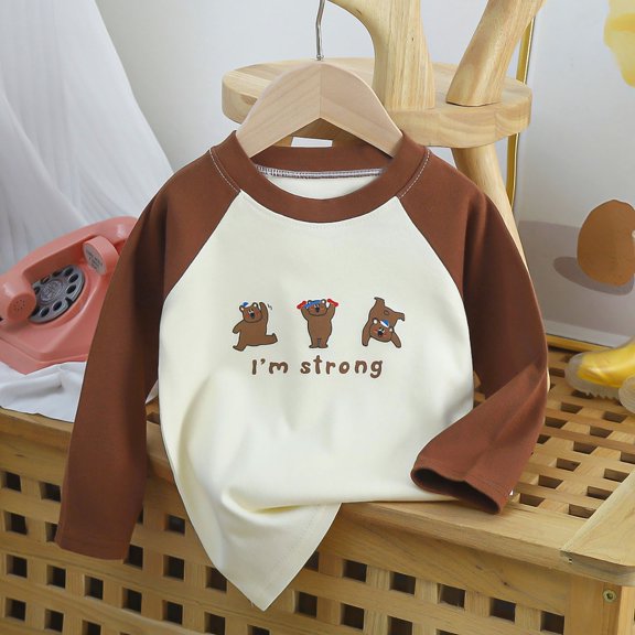 TIREOW Toddler Girls Boys Long Sleeve Shirts Fashion Raglan Patchwork Sweatshirts Cute Round Neck Tees School Sports Tops Soft Breathable Cotton Crewneck Kids Cartoon Graphic Fall Clothes