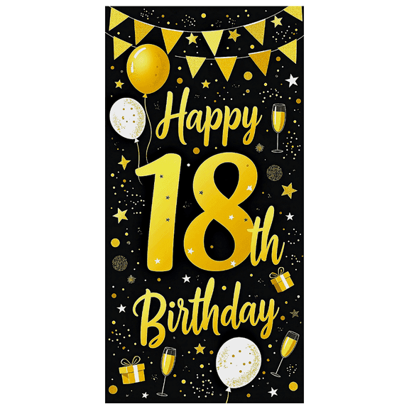 Black Gold Themed 18th Birthday Banner with Balloons Gifts and Stars Party Decoration Backdrop Photography Props for Birthday Party Celebration Decor Event Photo Booth
