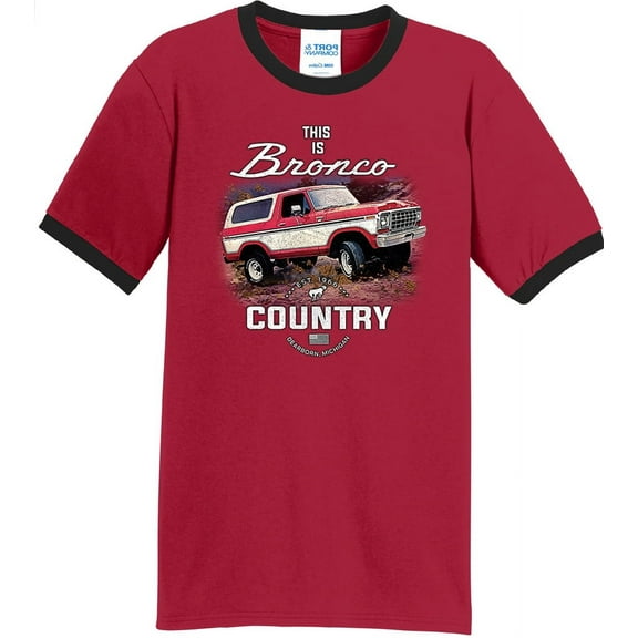 Mens Ford Bronco Country 100% Cotton Ringer Tee Shirt, 3XL Red/Black