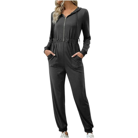 Women's Casual Fall Fashion Long Sleeve Zip-up Hoodie Jumpsuits Sweatshirt One Piece Outfit Romper with Pockets