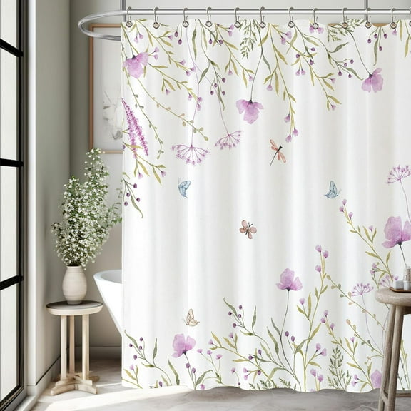 Watercolor Floral Shower Curtain Purple Floral Waterproof Washable Polyester Fabric Bathroom Shower Curtains with 12 Hooks for Bathroom 72x72 Inches