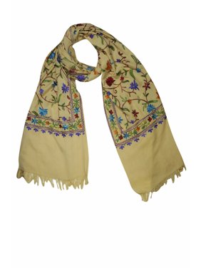 Mogul Women Kashmiri Shawl Woolen Crewel Floral Embroidered Ari Work Scarves Stole Wrap