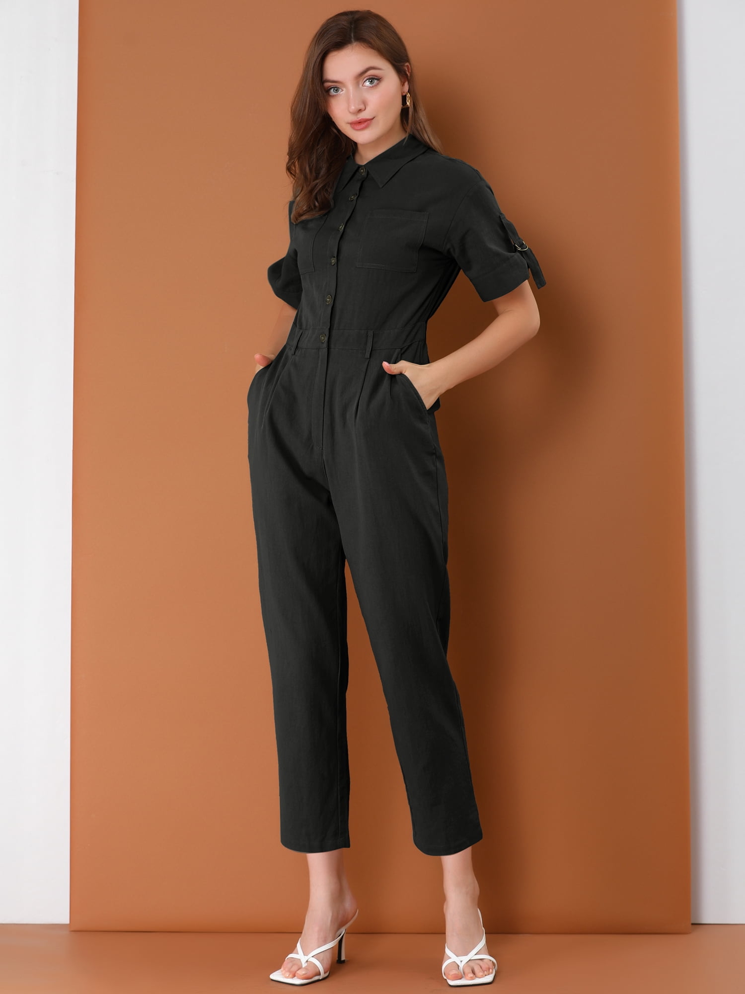 DARING DIVA Women's Button Up Tie Waist Jumpsuit with Pockets XL Black